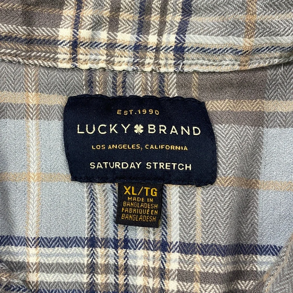 Lucky Brand Western Shirt Mens XL Plaid Saturday Stretch Pearl Snap Blue Grey - Picture 3 of 9